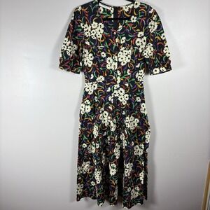Sonia Rykiel Black Multicolor‎ Floral Fit And Flare Pleated Midi Dress Vintage